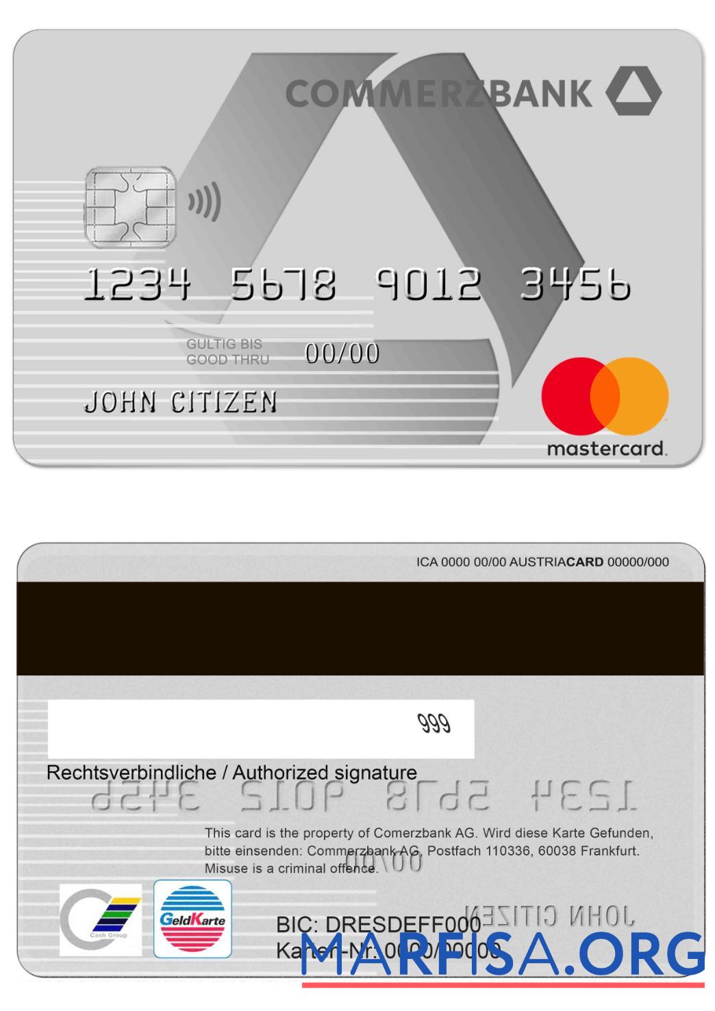 Printable Germany Commerzbank Credit Card download for verification
